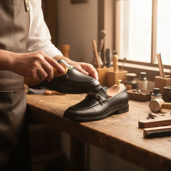 Artisan polishing handcrafted horsebit loafers – black leather dress shoes made with full-grain leather