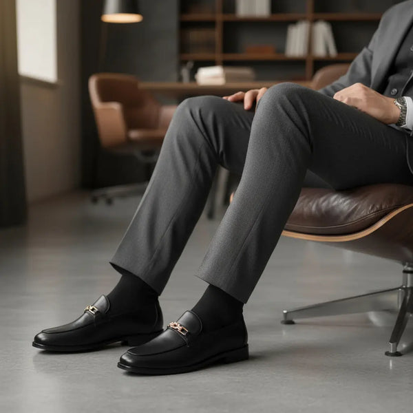 Men’s business-formal black leather loafers – handcrafted horsebit loafers styled with tailored pants