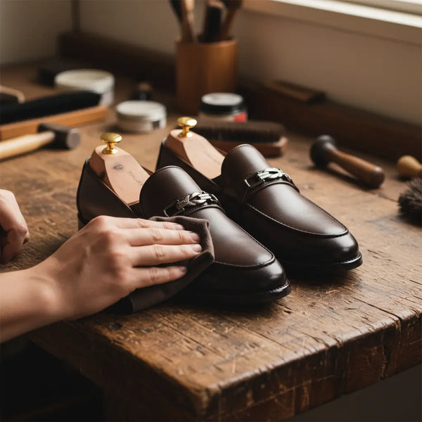 Artisan hand-finishing brown leather loafers – handcrafted Legacy Loafer