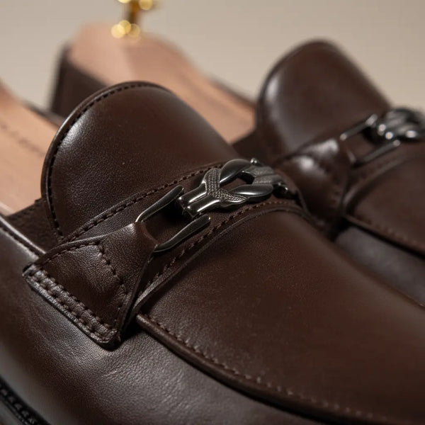 Close-up of brown leather loafers with silver horsebit – Legacy Loafer detail shot