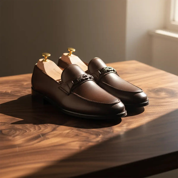 Legacy Loafer brown – handcrafted leather loafers on wooden desk