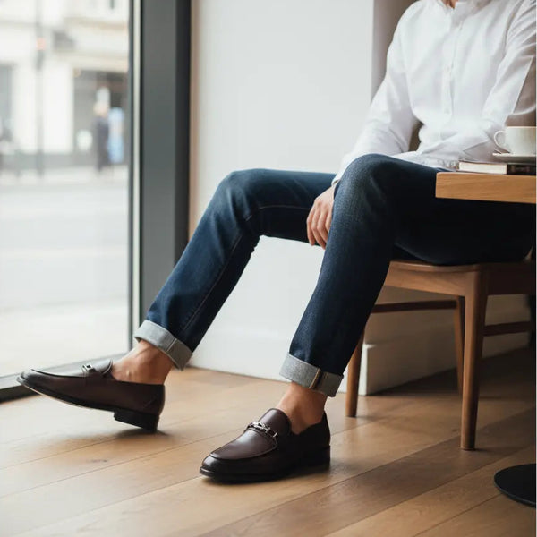 Men’s slip-on brown loafers styled with jeans – smart casual look