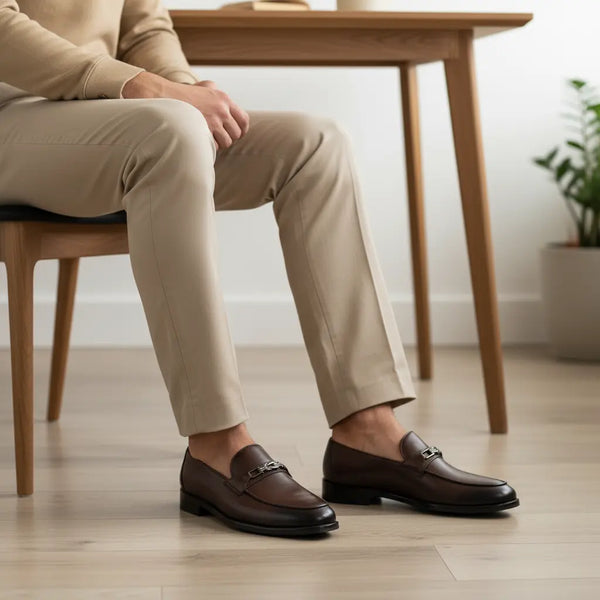 Styled with beige trousers – men’s brown leather loafers for office wear