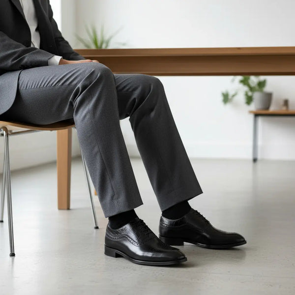 Marquis Oxford Black styled with a grey suit – men’s black dress Oxford shoes for business and formal wear.