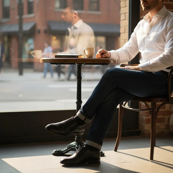 Lifestyle café shot – Marquis Oxford Black handcrafted men’s Oxford shoes with denim and white shirt.