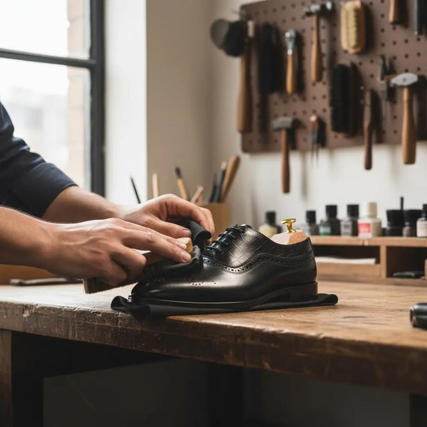 Shoemaker crafting Marquis Oxford Black – handmade black leather Oxford shoes in artisan workshop.
