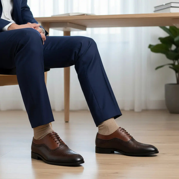 Marquis Oxford styled with a tailored suit – business-formal brown leather Oxford shoes for men.