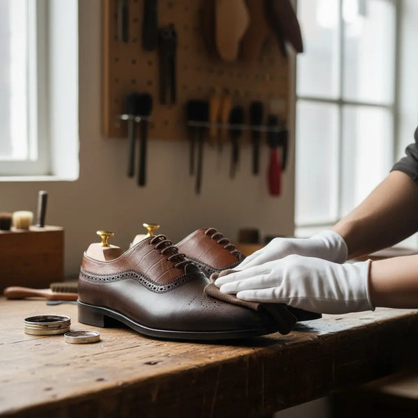Handcrafted Marquis Oxford in workshop – artisan polishing premium brown leather Oxford shoes.