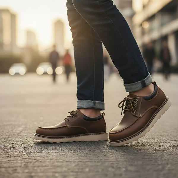 Men’s Crazy Horse moc toe boots worn in urban commute with cuffed denim.