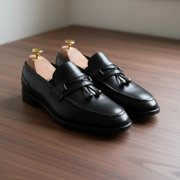 Oasis Loafer black on wood surface — handcrafted men’s black loafers with full-grain texture.