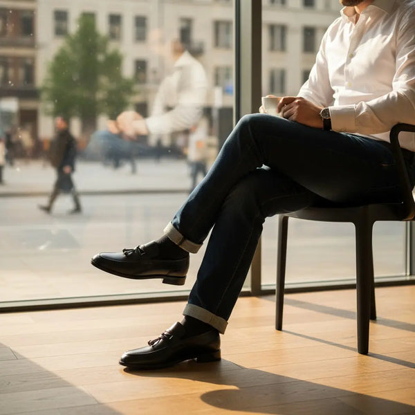 Smart-casual street style — slip-on loafers men can wear from day to night.