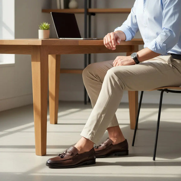 Business-formal styling with a suit — men’s brown leather loafers for office and tailored looks.