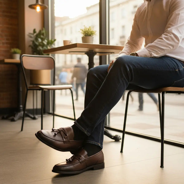 Smart-casual street style — brown slip-on loafers for men that move from day to night.