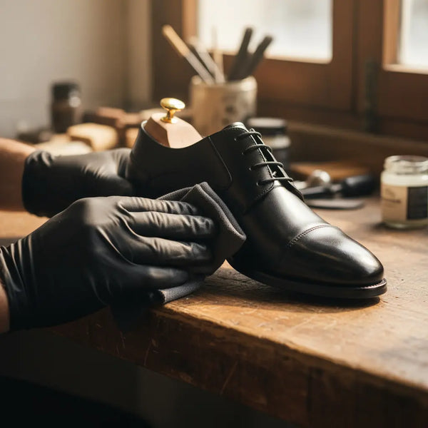 Artisan polishing Regal Derby black derby shoes showcasing handcrafted details and premium construction.
