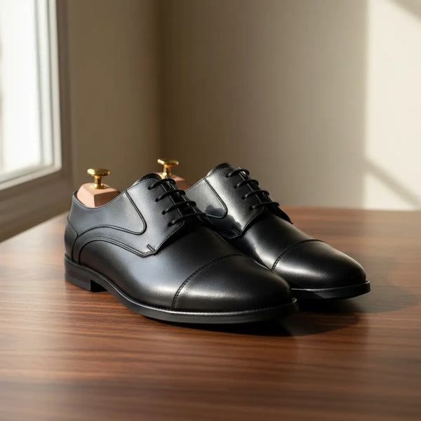 Close-up of Regal Derby black derby shoe showing full-grain leather texture and hand-polished finish.
