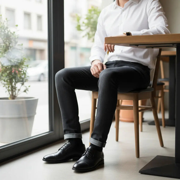 Smart-casual outfit featuring Regal Derby black lace-up derby shoes—handmade footwear for day-to-night wear.

