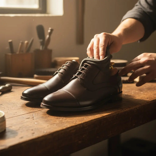 Artisan polishing Regal Derby — handcrafted brown leather derby shoes with classic cap-toe silhouette.