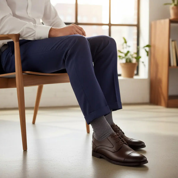 Regal Derby styled with a tailored suit — brown leather dress derby shoes for business-formal outfits.