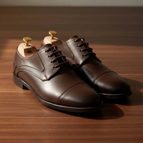 Regal Derby brown leather derby shoes on wooden table — luxury full-grain leather with hand-polished finish.