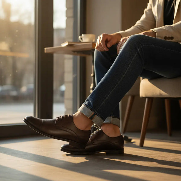 Smart-casual styling with jeans — handmade brown leather derby shoes for day-to-night wear.