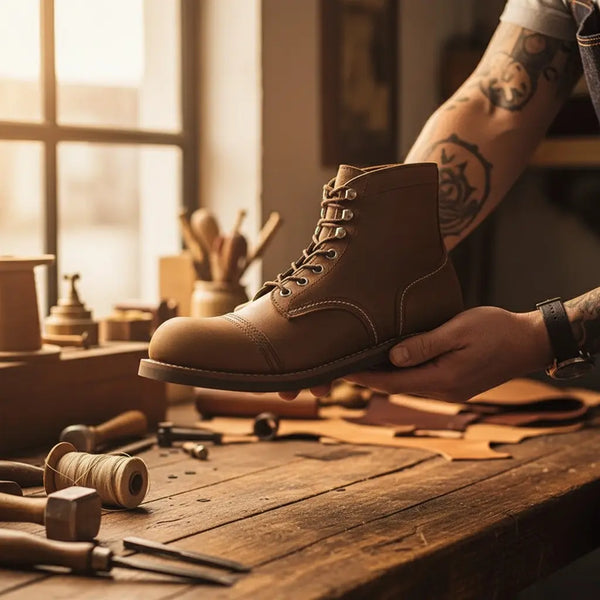 Artisan holding brown crazy horse 8111 boot at wooden workbench, handmade in Turkey