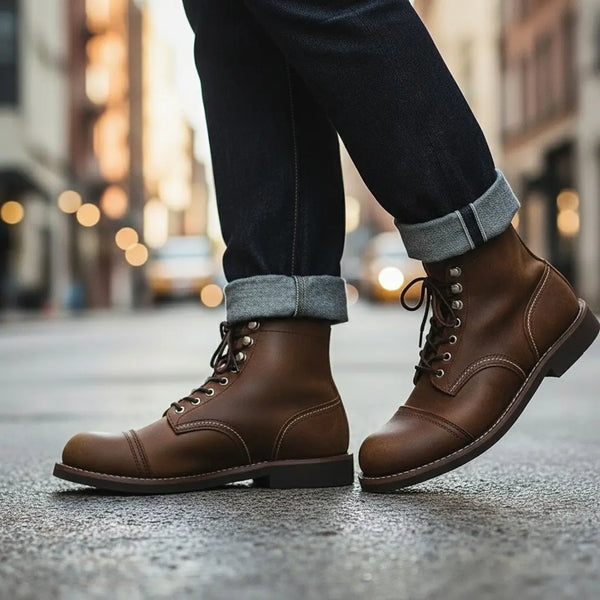 Man wearing brown crazy horse 8111 boots with cuffed dark denim on sunlit city pavement