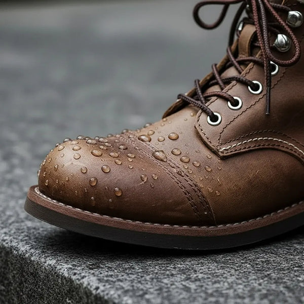 Close-up of brown crazy horse 8111 boot cap toe with water droplets, soft daylight