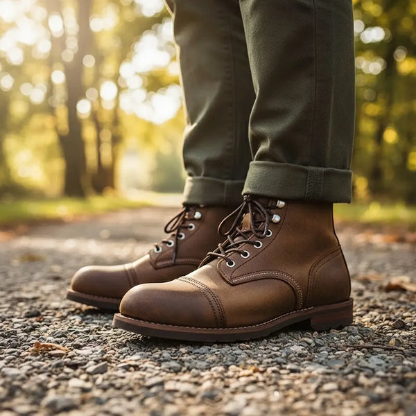 Brown crazy horse 8111 boots stepping on gravel path, durable traction outsole highlighted