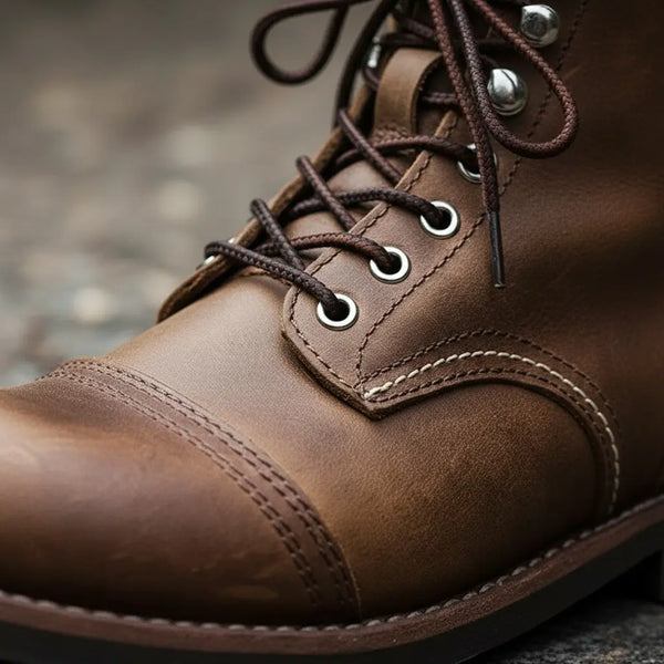 Macro of crazy horse leather grain with pull-up finish, contrast stitching and metal eyelets