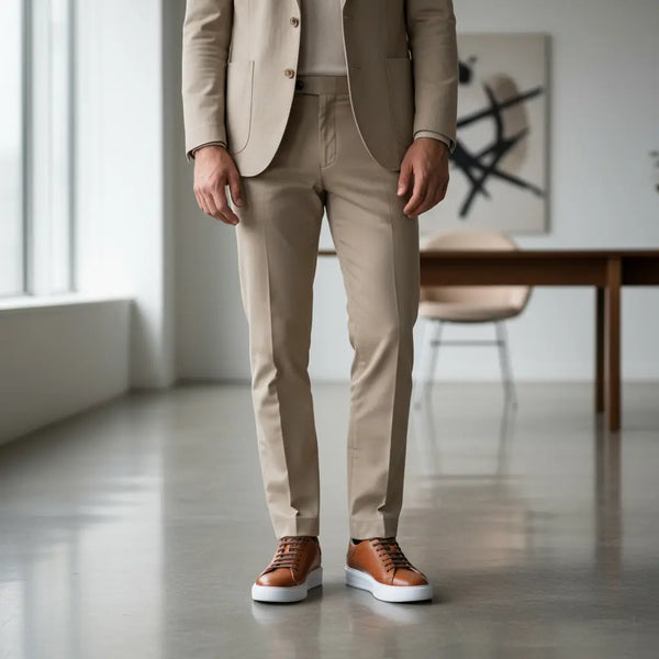 Men’s tan leather sneakers styled with a business-casual outfit — versatile sneakers that elevate office and smart-casual looks.