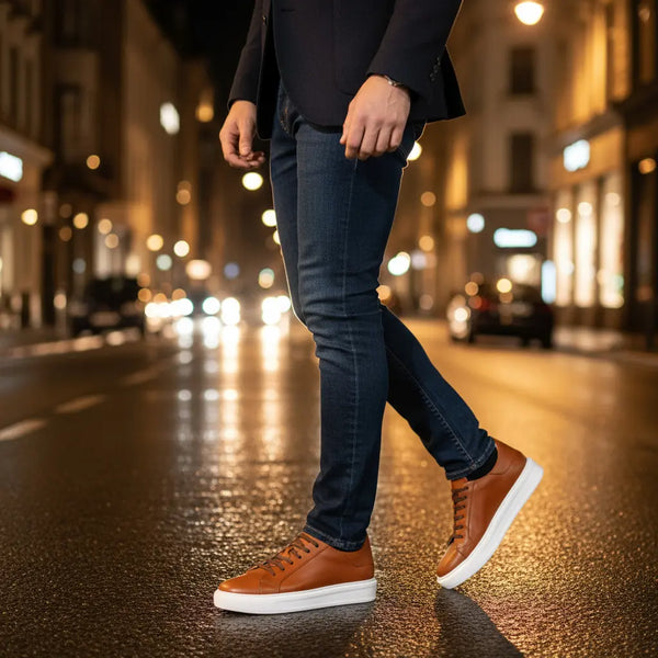Evening polish — men’s tan leather sneakers with refined silhouette for seamless day-to-night transitions.