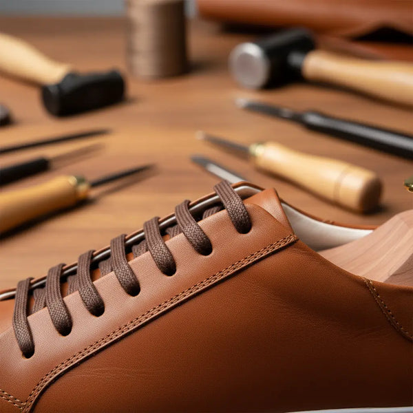 Detailed view of stitching and edgework on tan leather sneakers — artisan craftsmanship and durable construction.