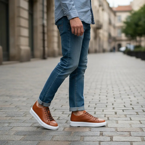 Weekend-ready tan sneakers with minimalist lines — casual leather sneakers for men combining comfort and elegance.