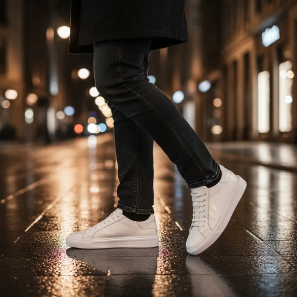 Evening polish — men’s white dress sneakers with elegant silhouette for versatile day-to-night style.