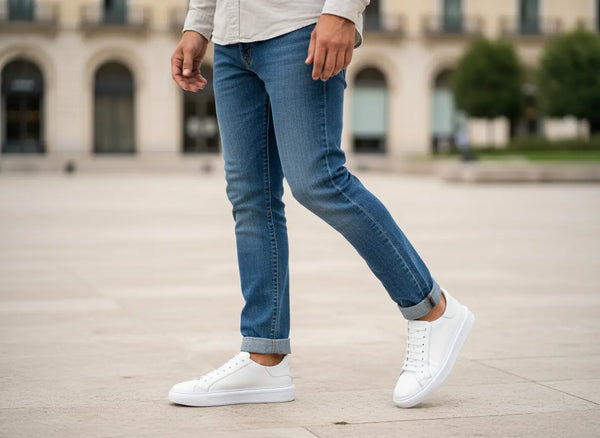 Weekend-ready minimalist white leather sneakers with clean lines — casual sneakers for men blending comfort and refined design.