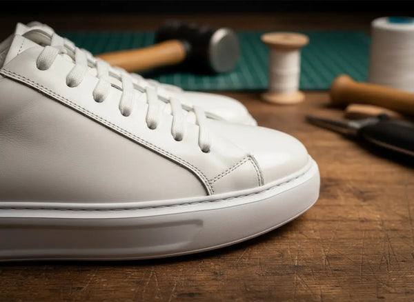 Precise stitching and edgework on men’s white leather sneakers — artisan craftsmanship and durable premium leather construction.