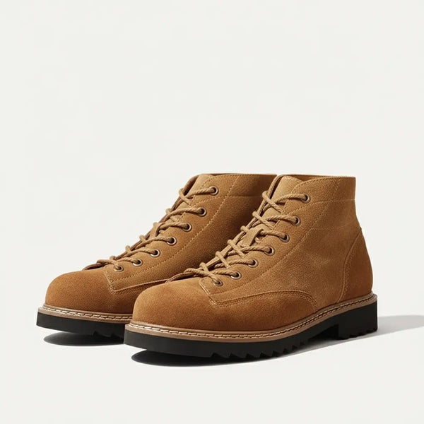 Close-up of Vintage Suede Ankle Boots in tan suede with rich grain, Goodyear welt edge, and rugged outsole detail.