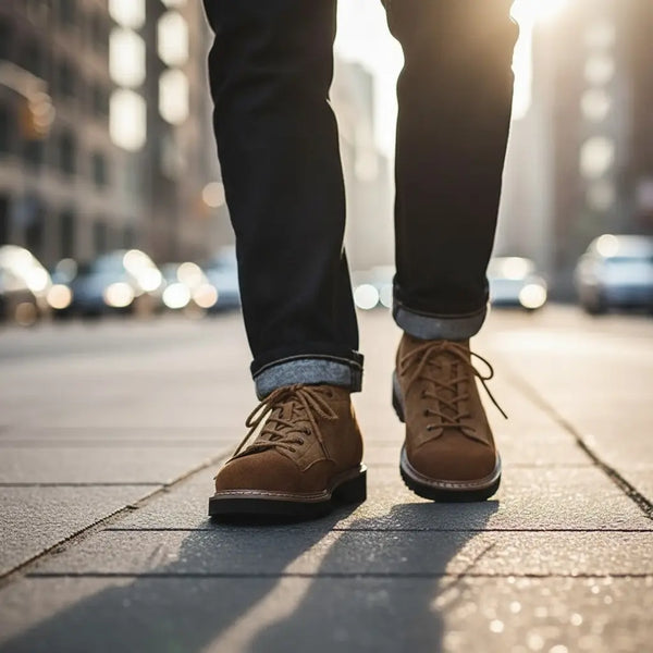 City commute scene with vintage tan suede ankle boots styled with cuffed denim for refined everyday wear.