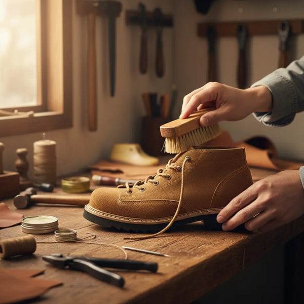 Macro view of hand-stitched details and premium suede grain on Vintage Suede Ankle Boots, built to last.