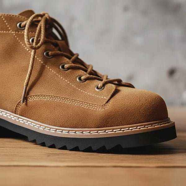 Side profile of men’s tan suede ankle boots showing clean silhouette, lightweight lug sole, and everyday traction.