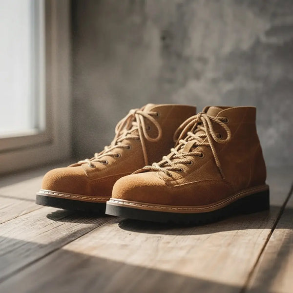 Travel-ready men’s suede ankle boots in tan with cushioned comfort and durable lug sole for go-anywhere days.