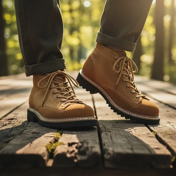 Weekend casual look—tan suede ankle boots paired for versatile style, comfort, and all-day traction.