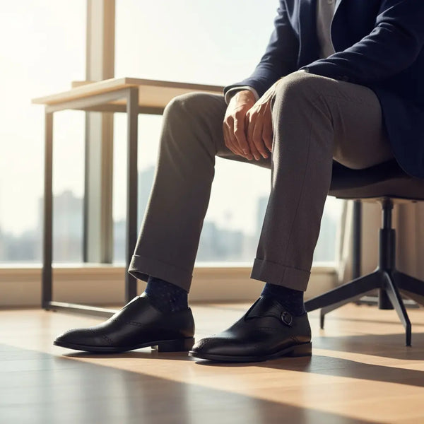 Business-formal outfit with black single monk strap shoes styled with a tailored suit.