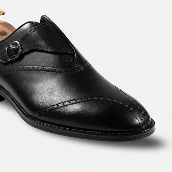 Black Goodyear welt monk strap with sculpted sole profile — durable and comfortable for all-day wear.
