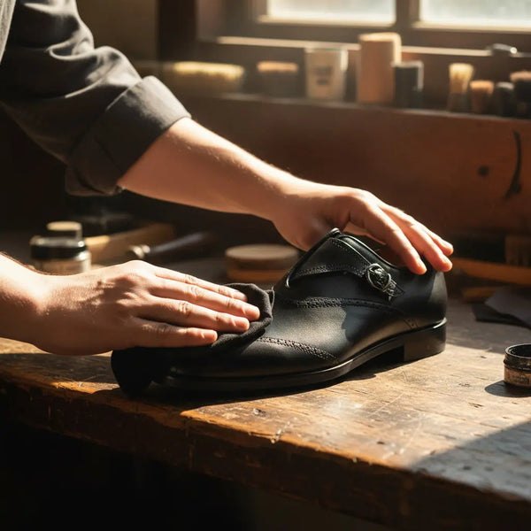 Handcrafted black monk strap shoes with cap-toe stitching and single-buckle detail.