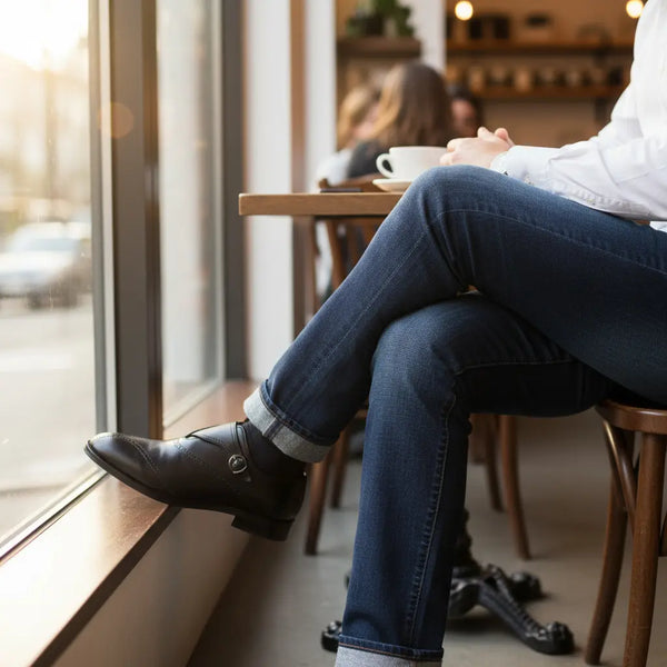 Smart-casual street style featuring handcrafted black single monk strap dress shoes.