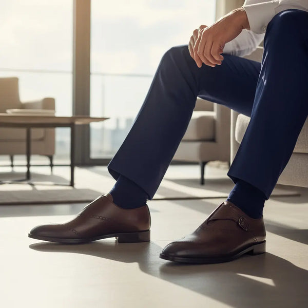Brown monk strap shoes styled with navy suit — ideal for business and formal events.