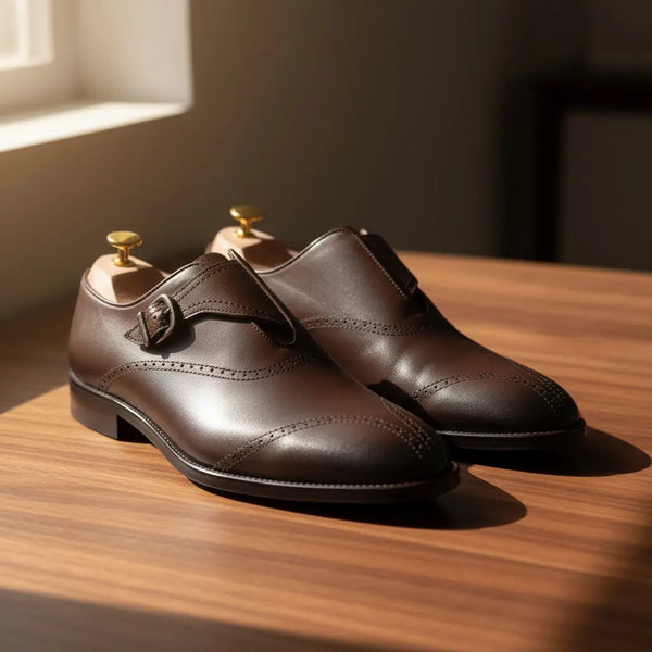 Close-up of Sovereign brown monk strap shoes — full-grain leather texture and hand-burnished finish.