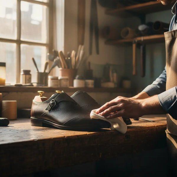 Shoemaker polishing handcrafted brown monk strap shoes — artisanal single monk strap construction.