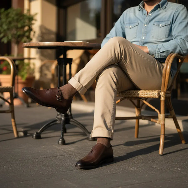 Sovereign brown single monk strap shoes styled with chinos — smart-casual look for everyday wear.